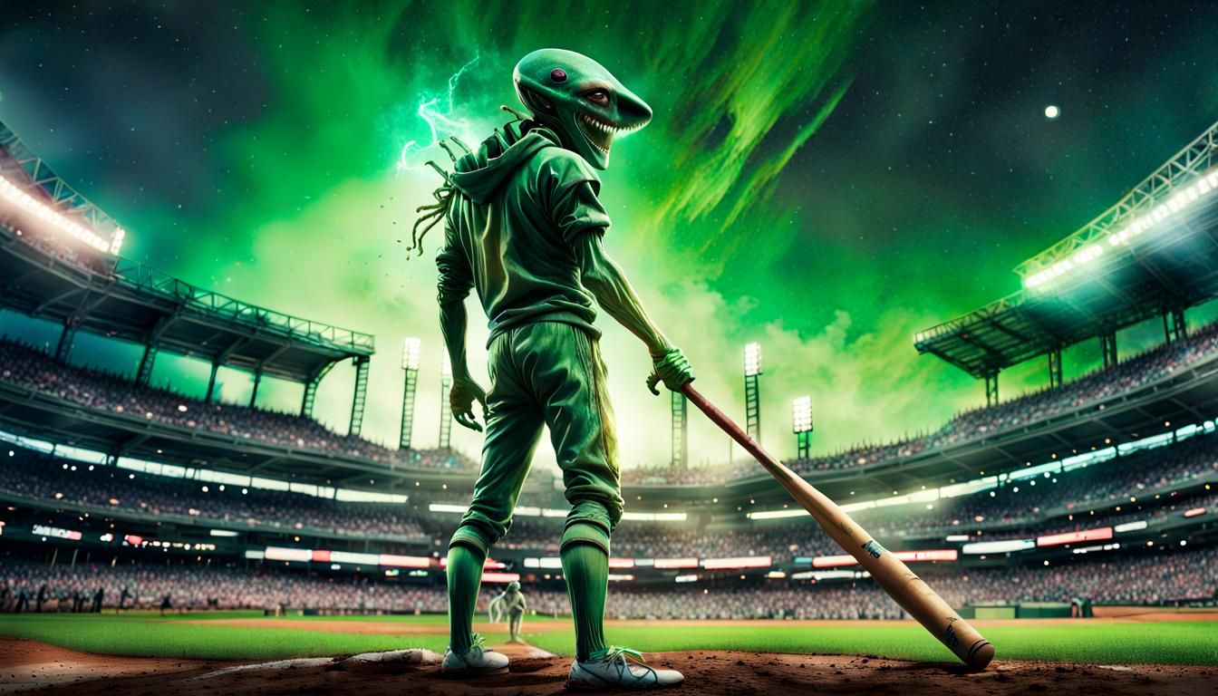 Green Alien Plays Baseball Under a Starry Sky