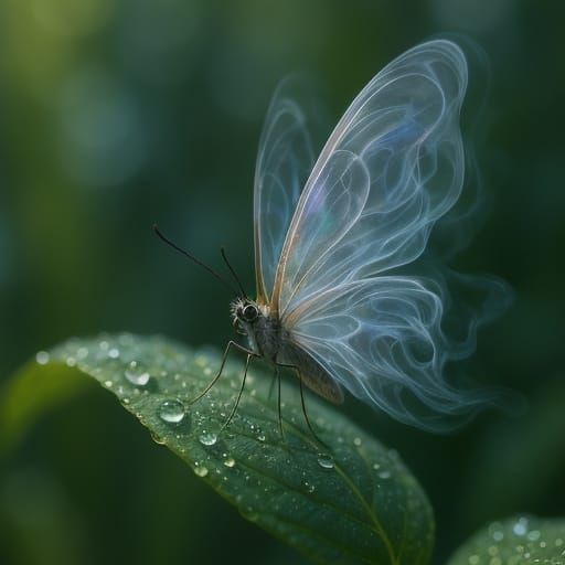Iridescent Butterfly on Dewy Leaf: Realistic Photo