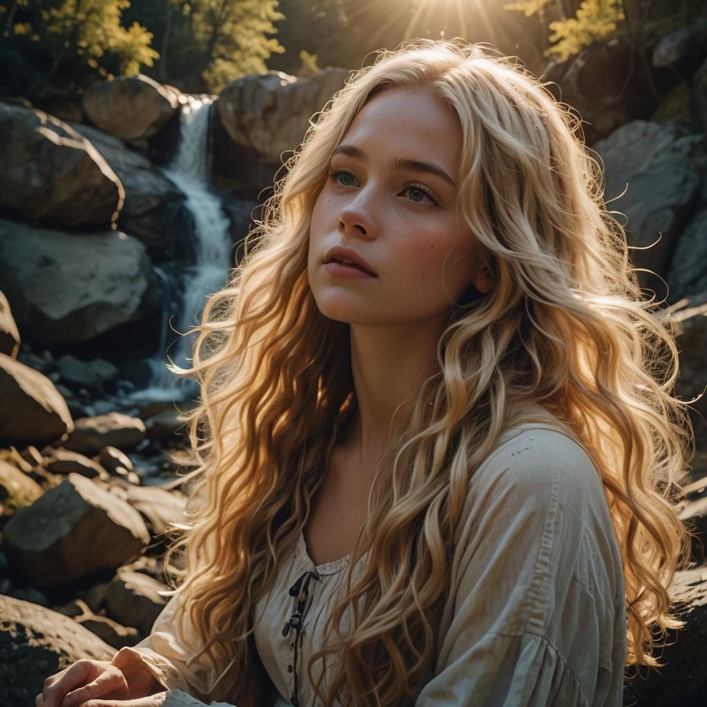 Blonde Beauty Under Waterfall in Cinematic Style