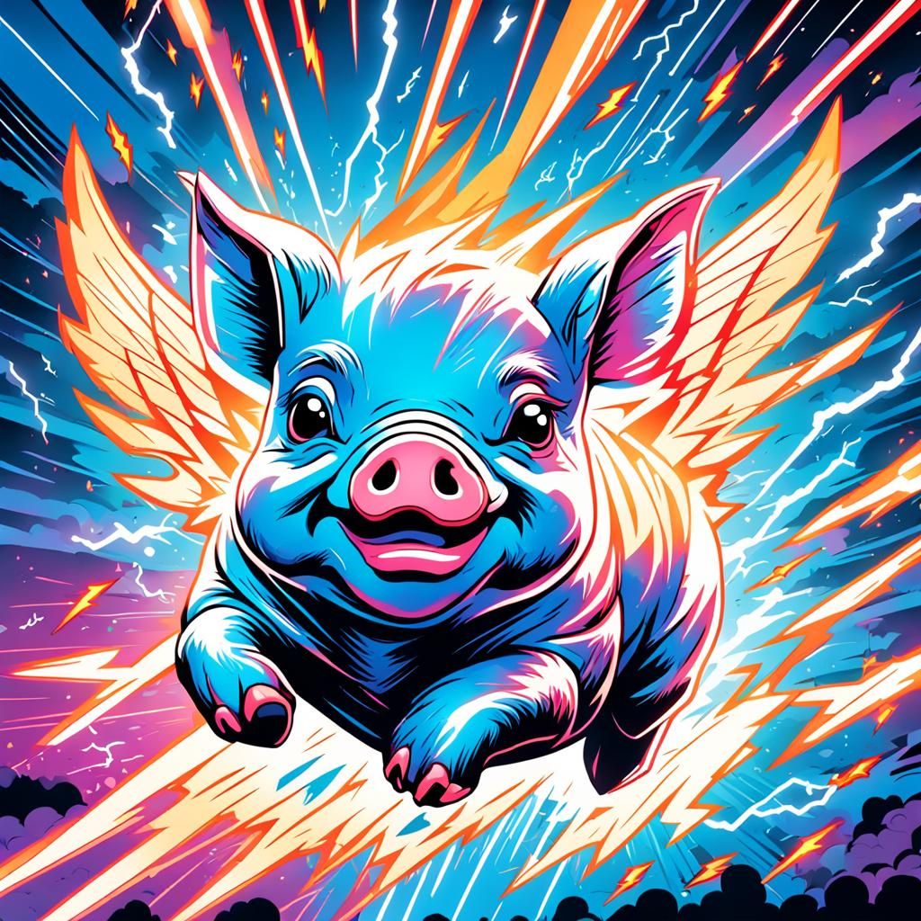 Vibrant Electric Flying Pig in Comic Book Style