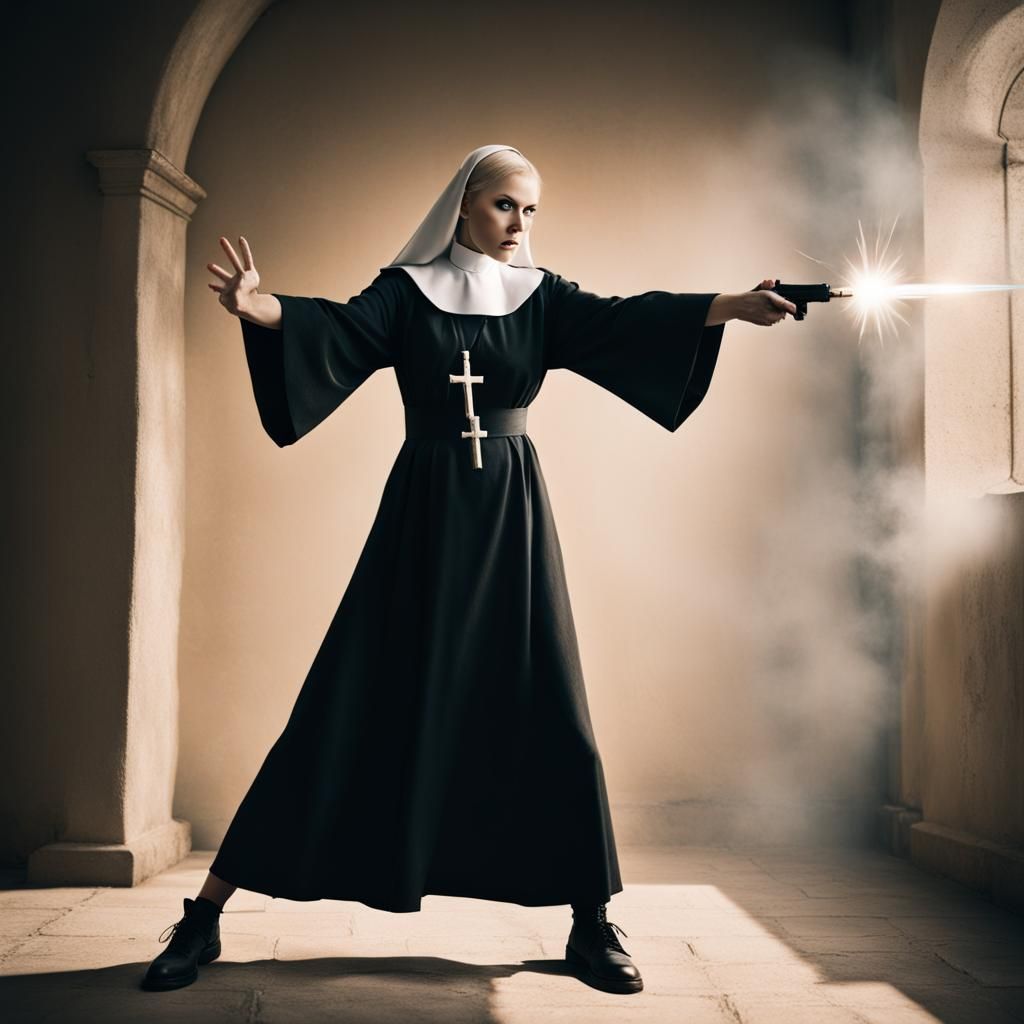 Mysterious Blonde Nun Casting Shadow Spell