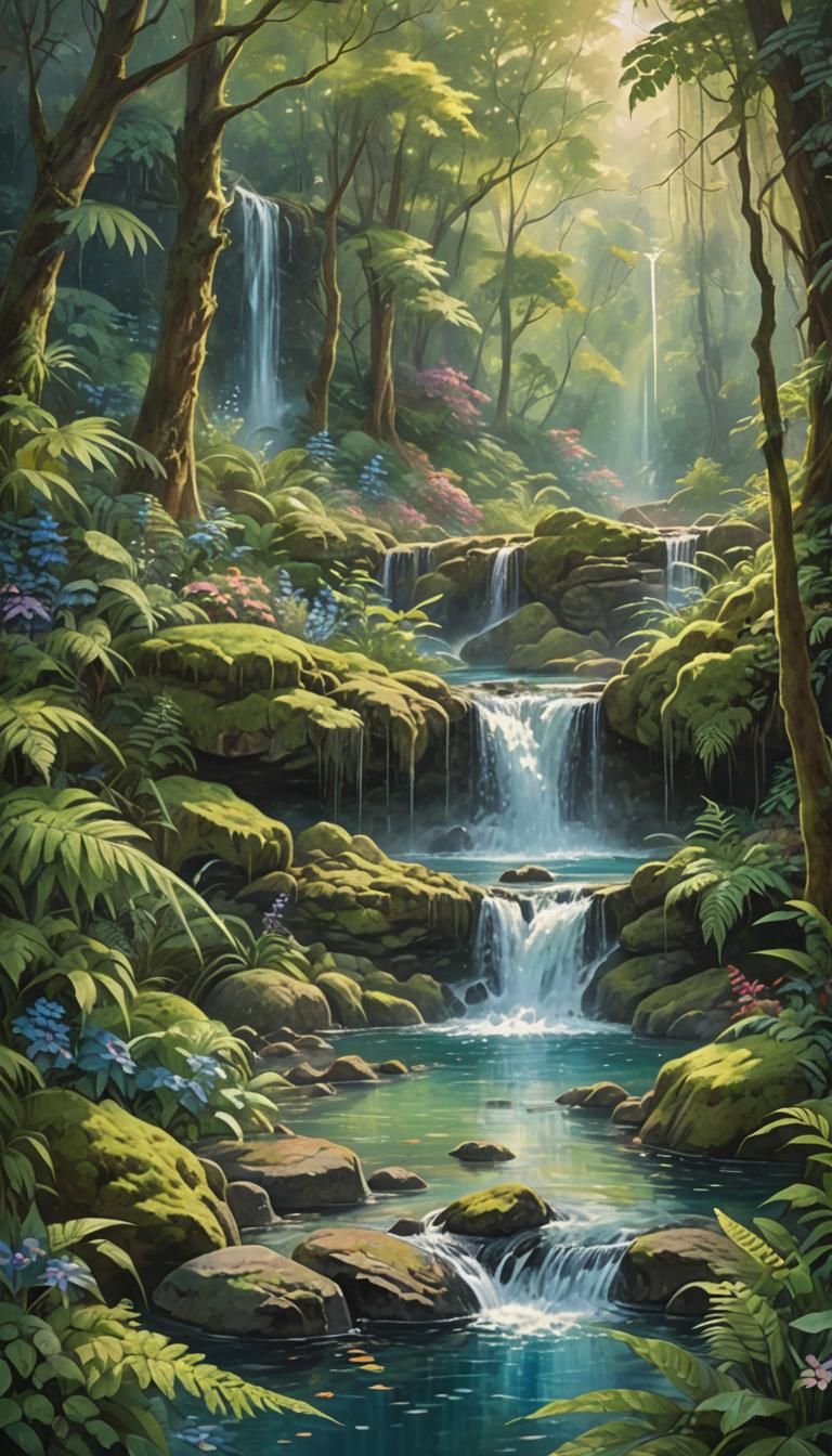 Enchanting Waterfall Scene in Impressionistic Realism