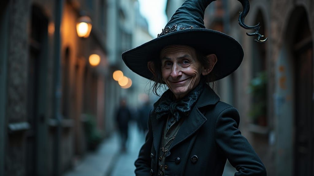 Eccentric Figure in Dimly Lit Alleyway at Dusk