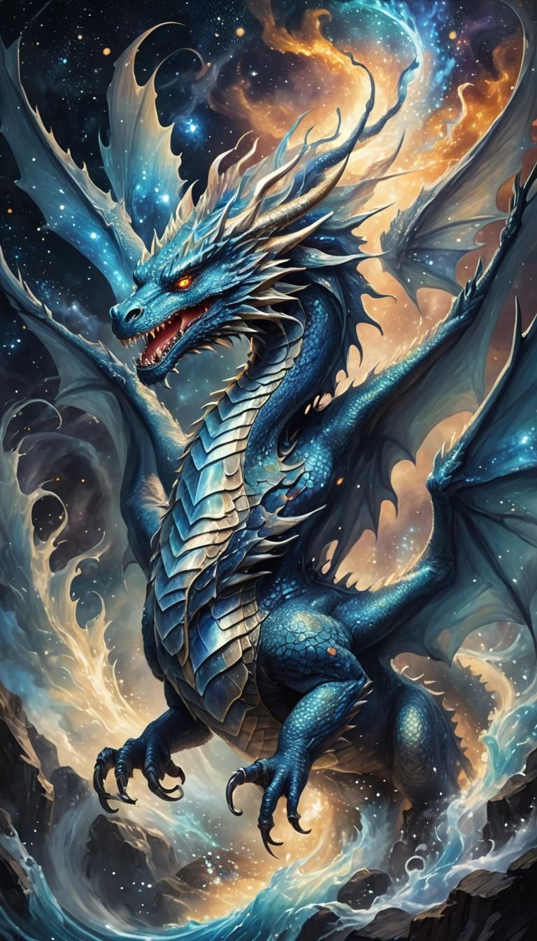 Majestic Dragon Soaring Through Starry Sky