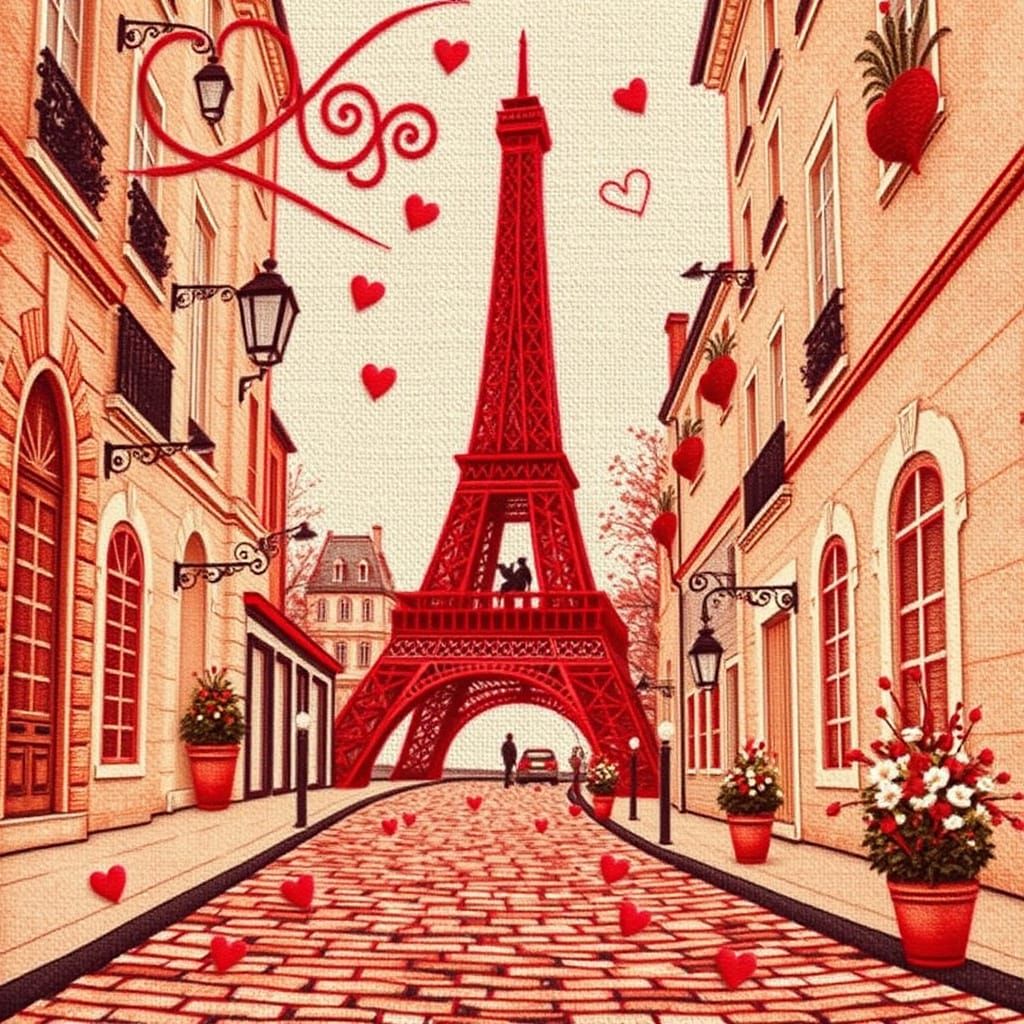 Whimsical French Street Scene in Elegant Embroidery Style