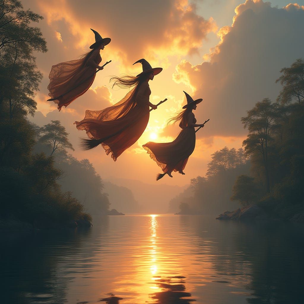 Elegant Witches Soar on Broomsticks at Sunrise over a Serene...