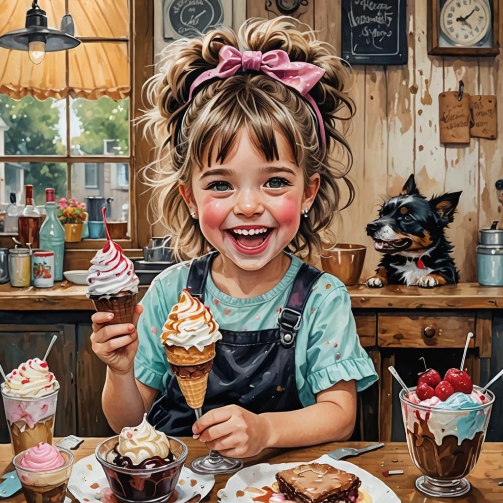 Girl with Punk Hair Enjoys Ice Cream in Cottage Kitchen