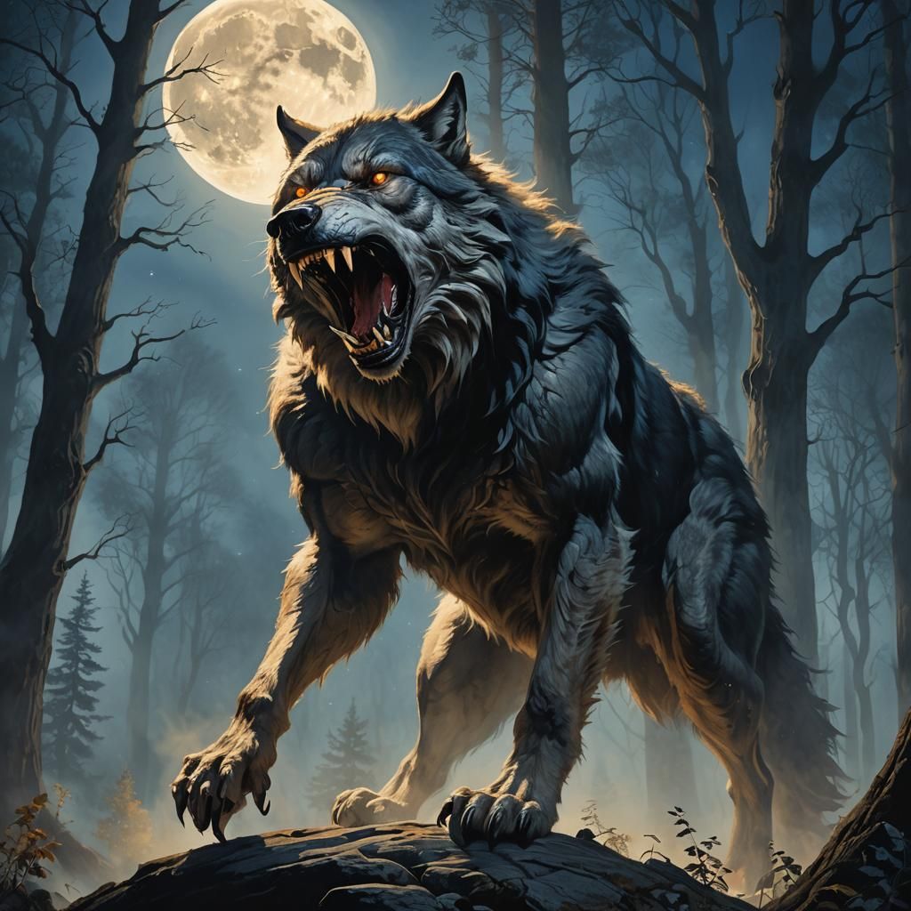 Werewolf Howling at Moon in Misty Forest