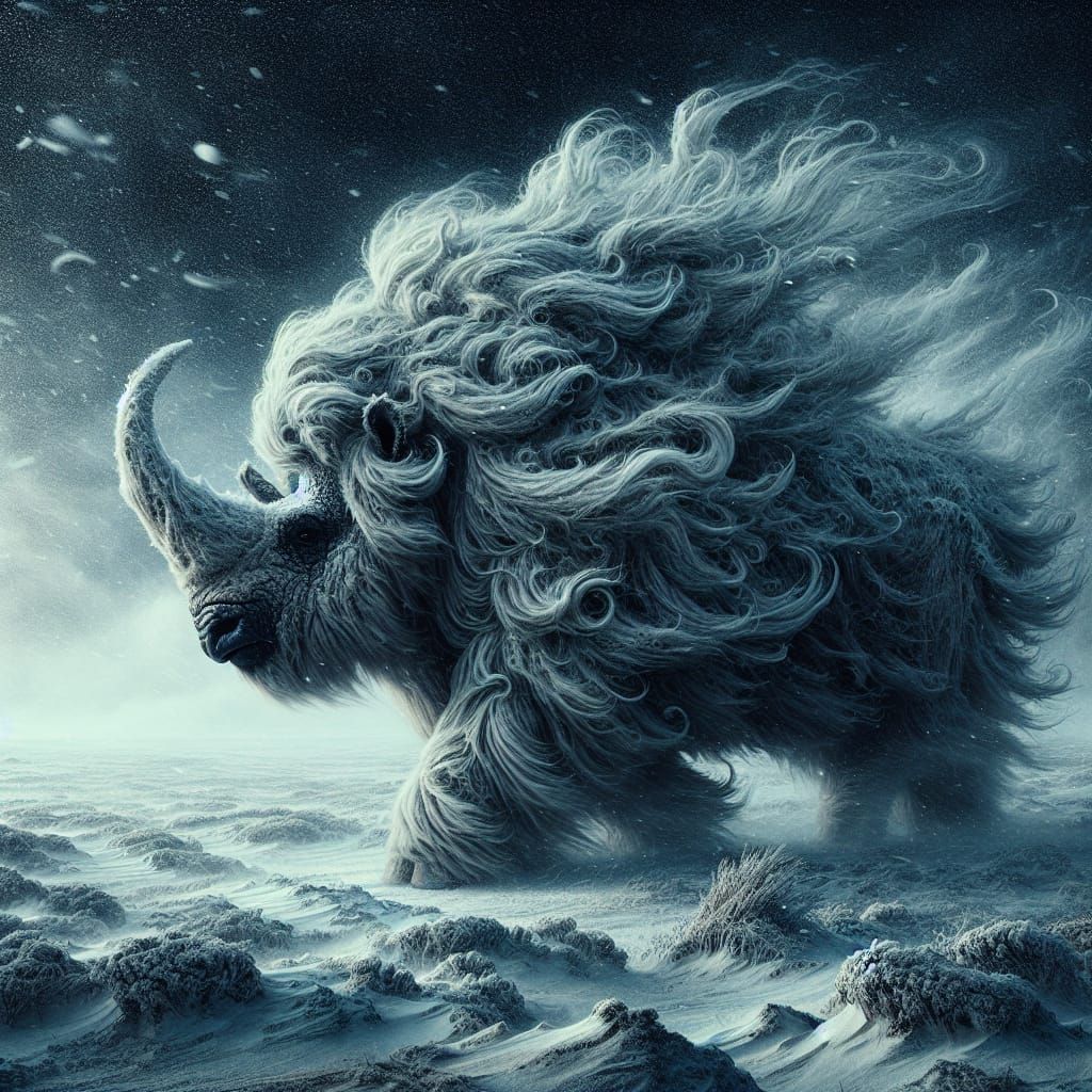 Majestic Woolly Rhinoceros in Snowy Fantasy Landscape