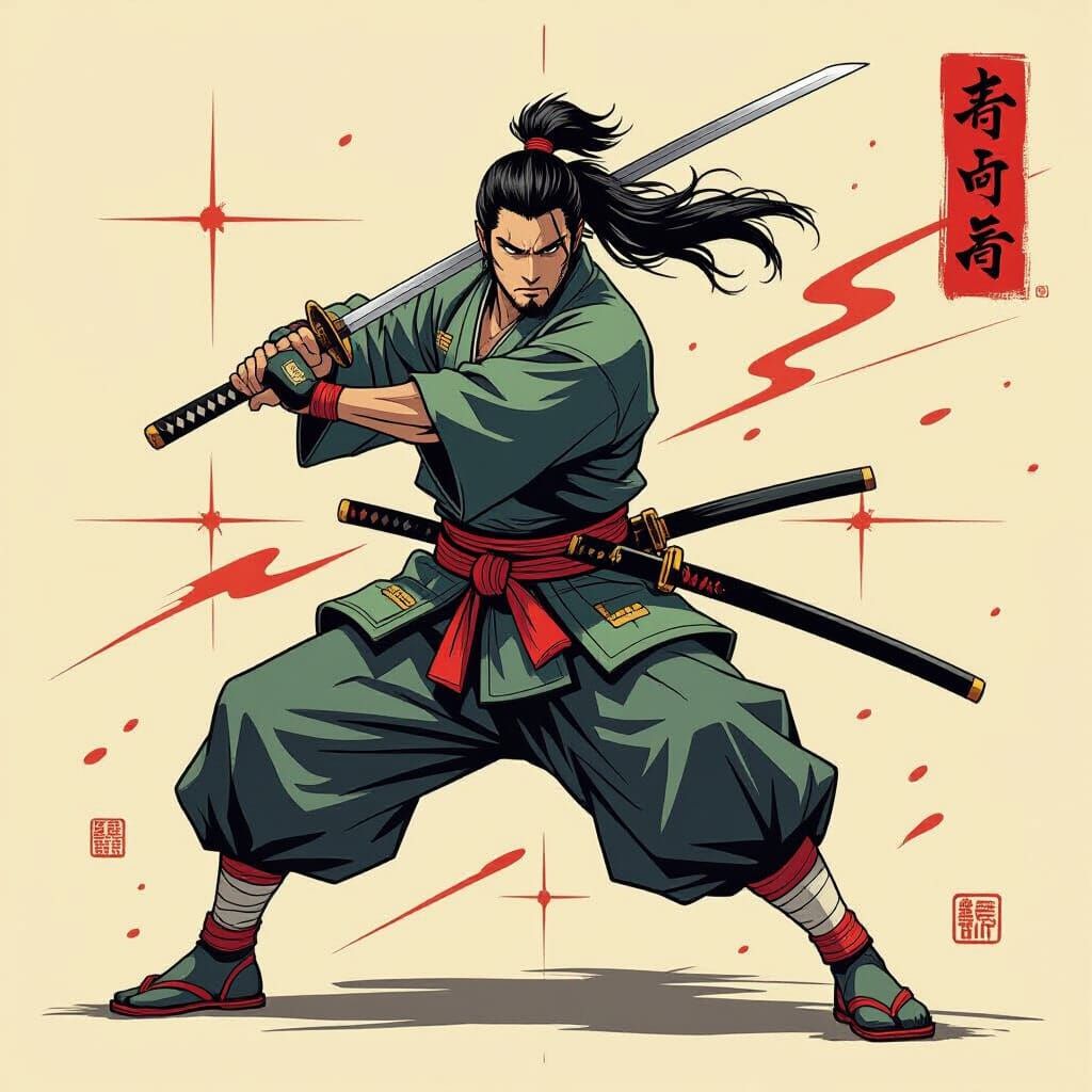 Dynamic Samurai Poses in Copic Marker Style