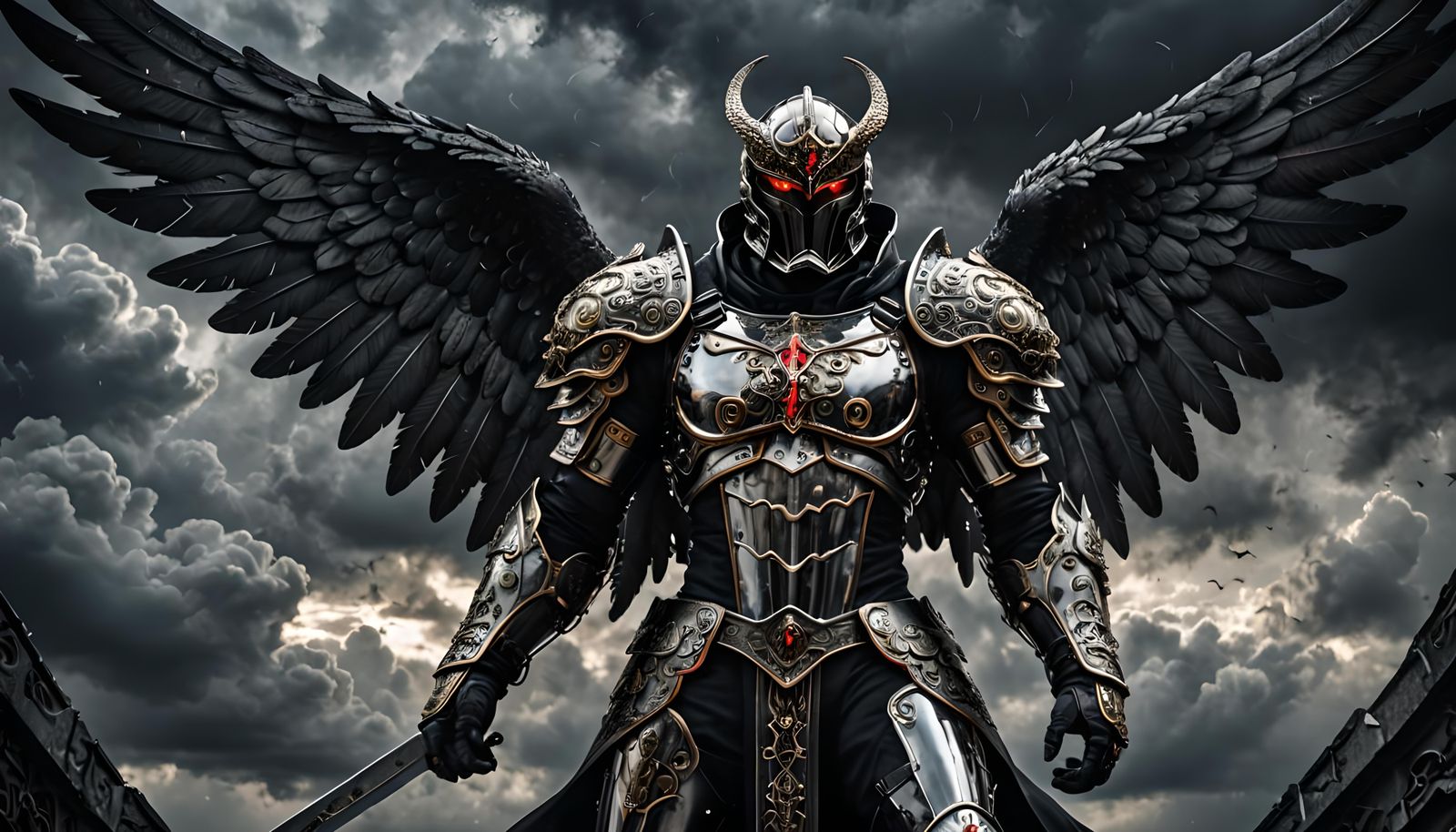 Fallen Angel in Silver Armor with Red Eyes