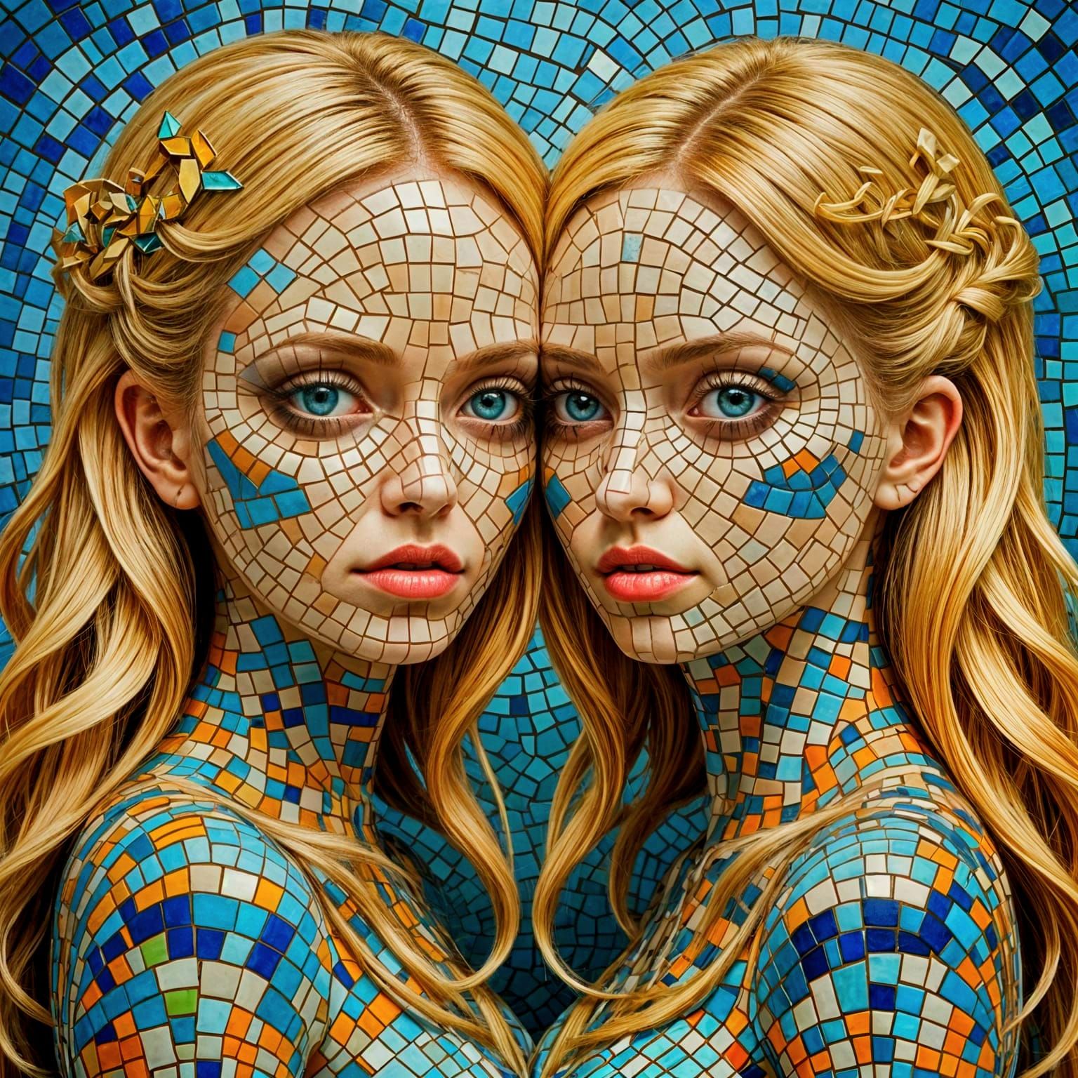 Surreal Two-headed Girl with Blonde Hair in Mosaic Style