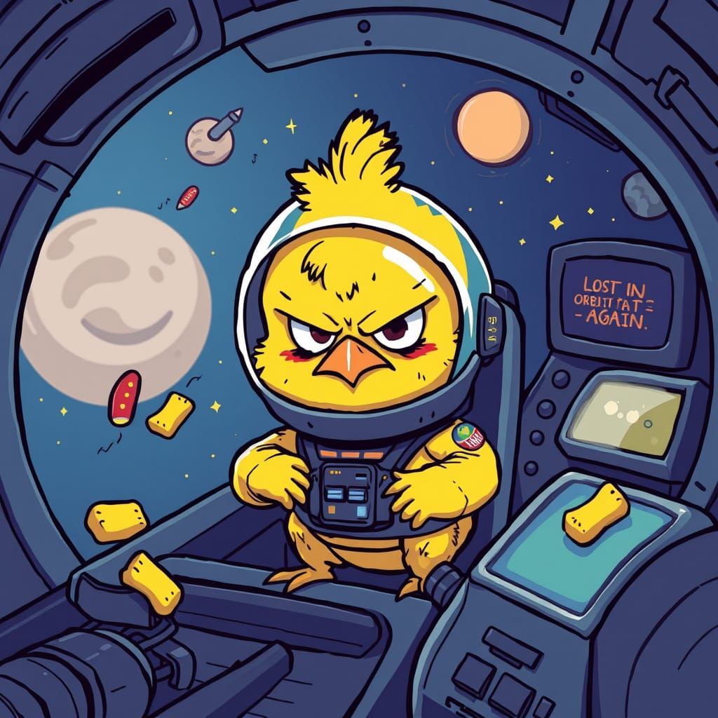 Grumpy Chick Astronaut Lost in Orbit