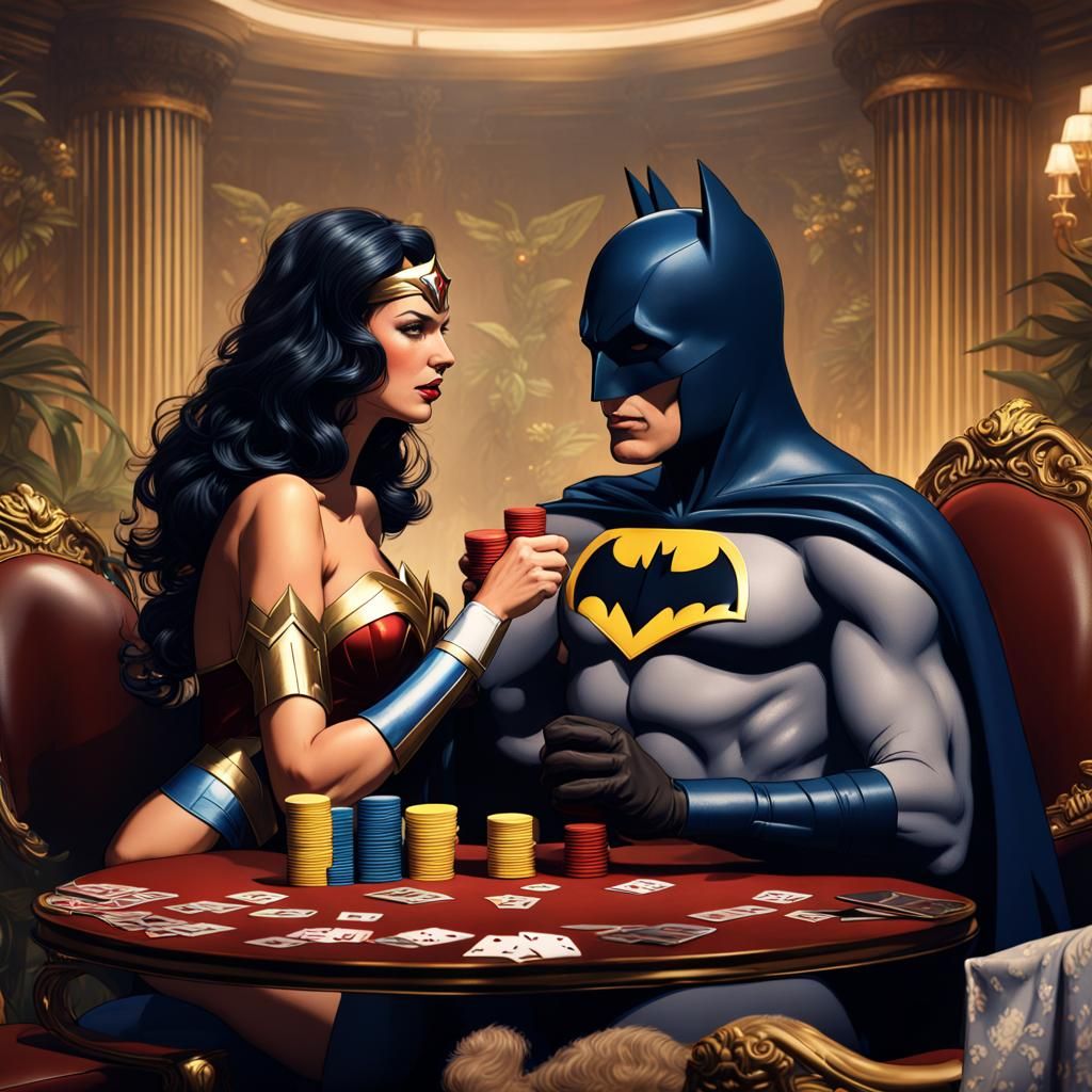 Batman and Wonder Woman Play Poker, Detailed Matte Painting