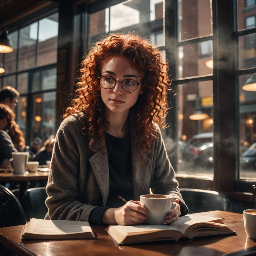 Girl with Red Hair at Coffee Shop: Digital Portrait