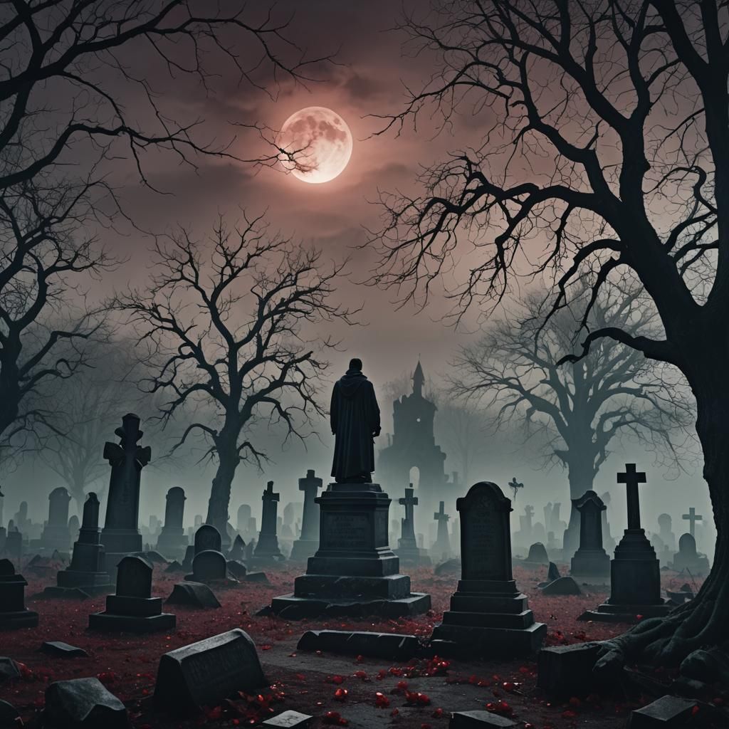Gothic Vampire in Moonlit Graveyard Landscape