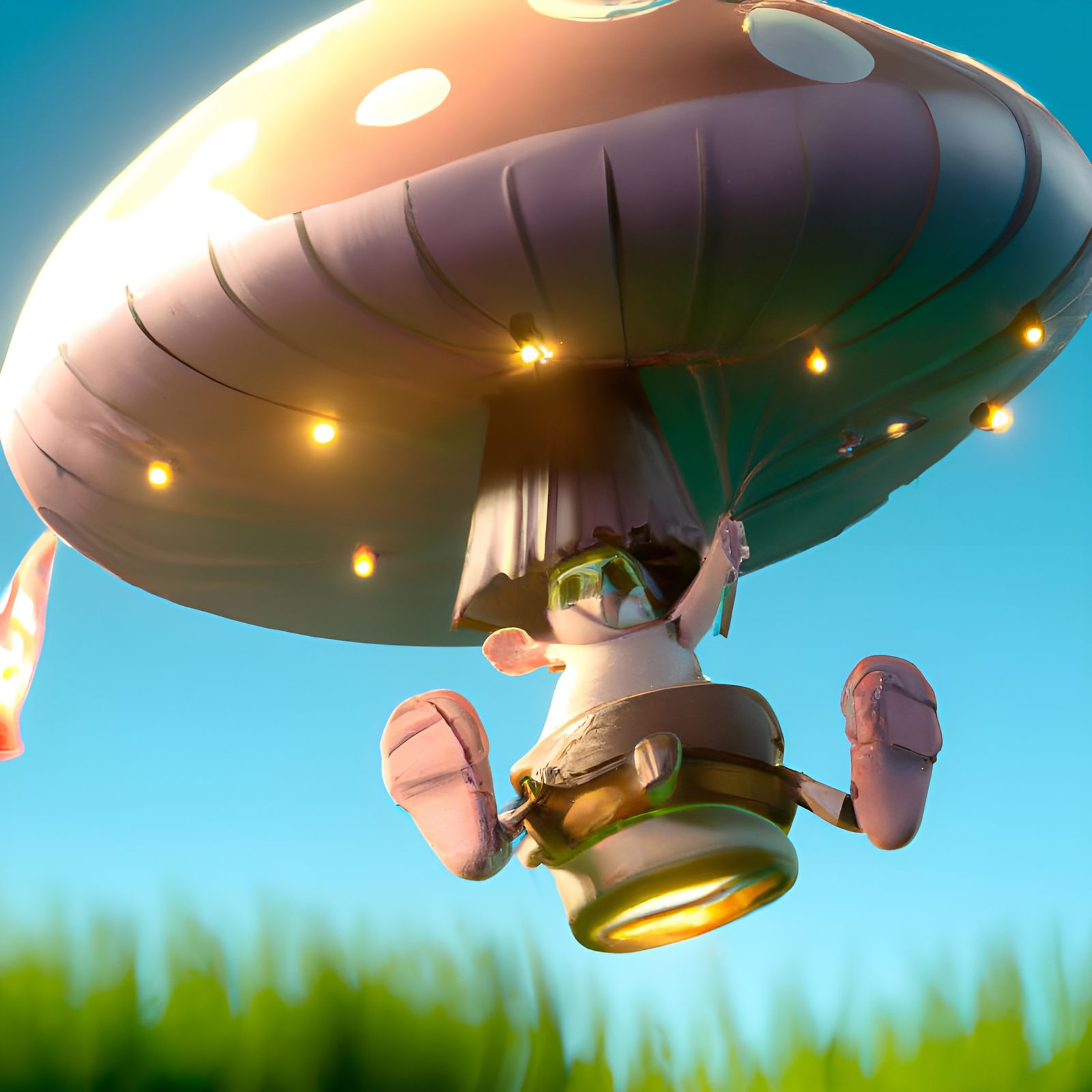 Adorable Mushroom Skydiving: Detailed 3D Digital Art
