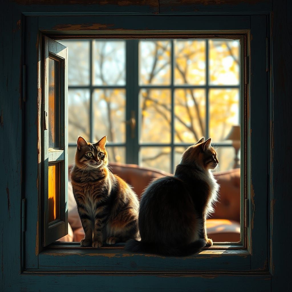 A Window to a Vintage Lounge, Watched by Two Curious Cats in...