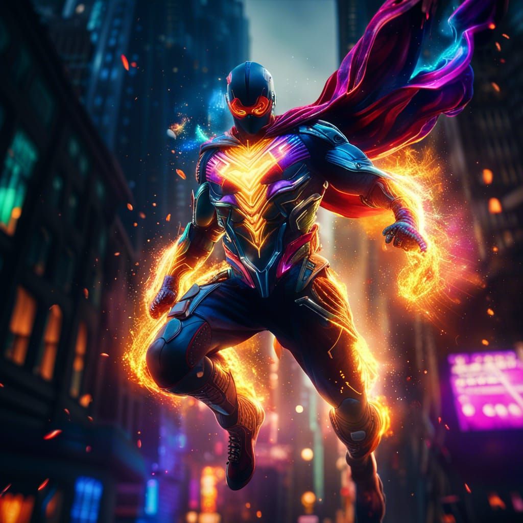 Hero Flies Through City at Night in Surreal Style