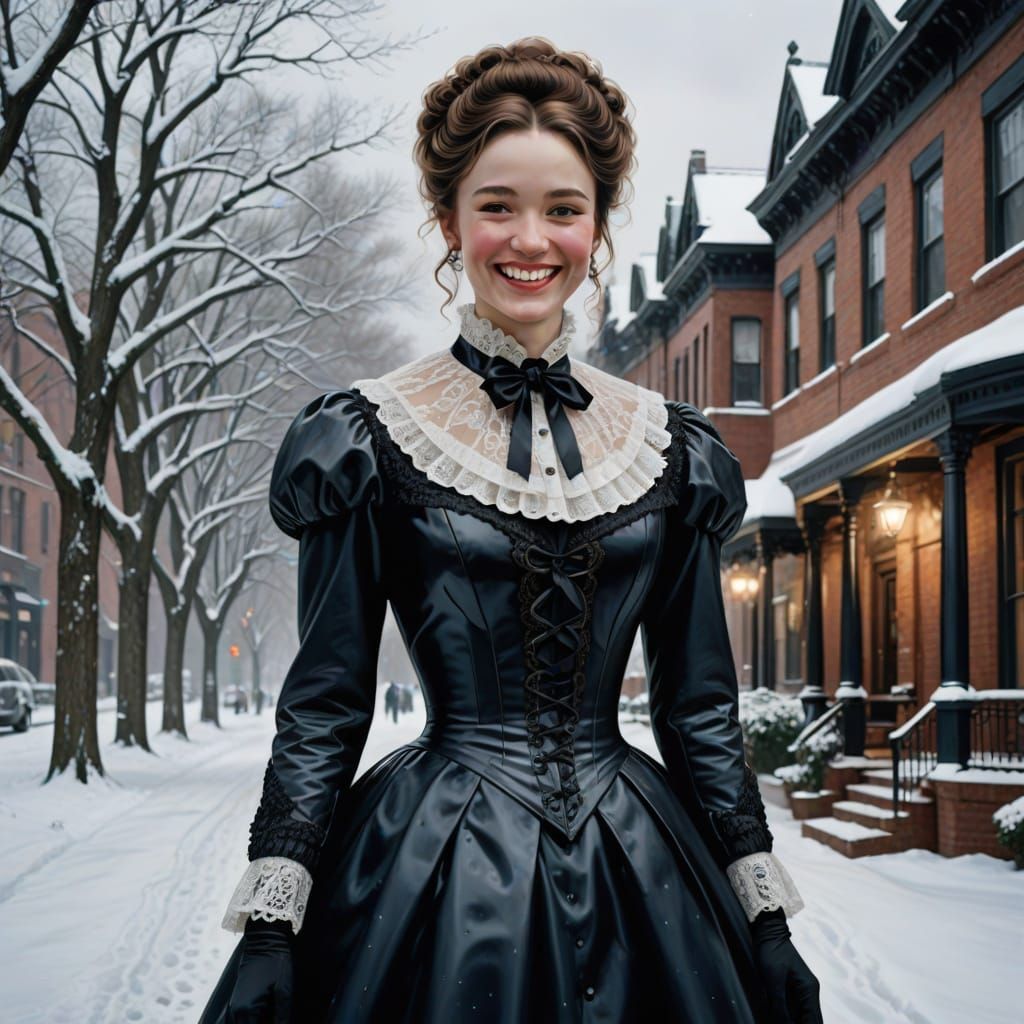 Woman in Victorian Dress Under Snowy Hyperrealistic Portrait