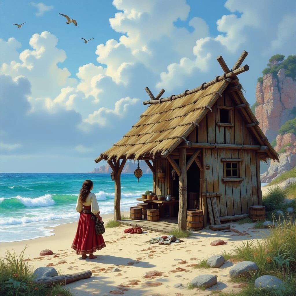 Pirate Hovel on Beach: Detailed Fantasy Oil Painting