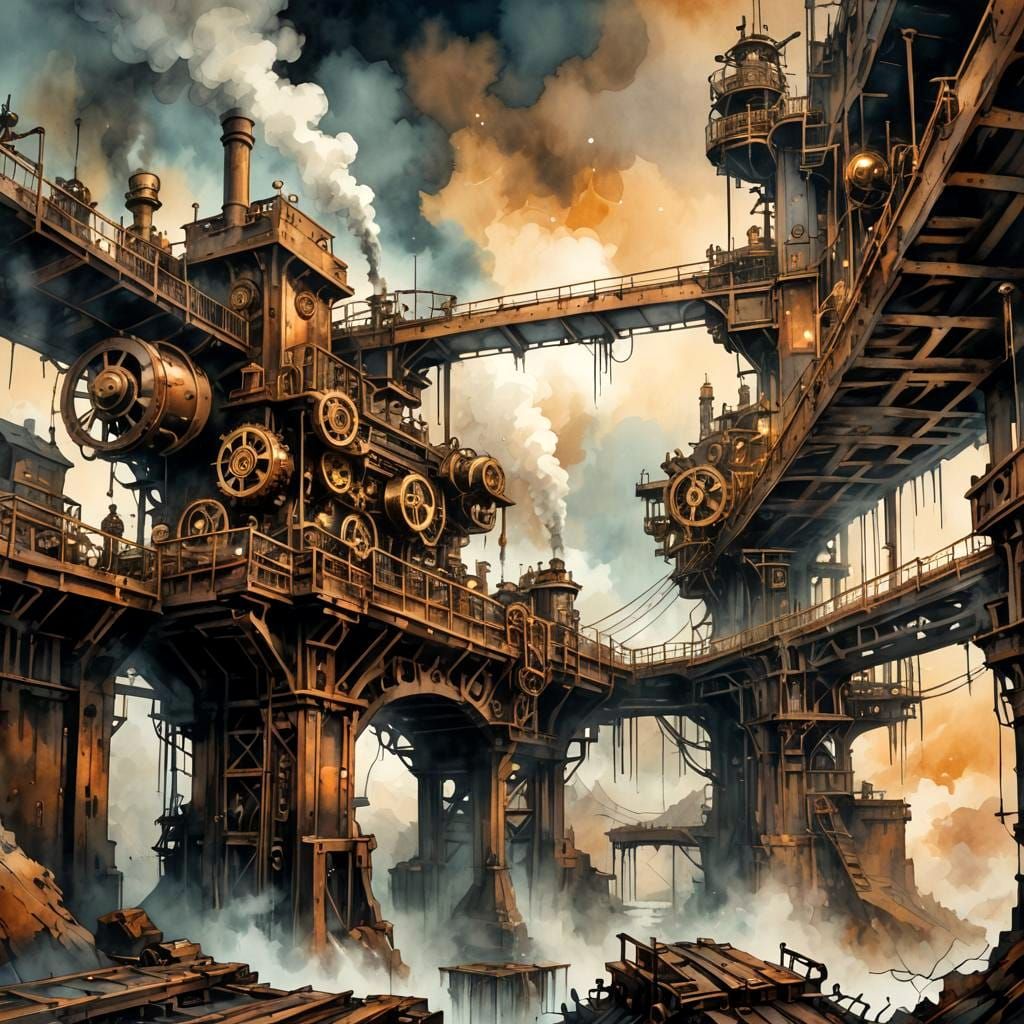 Steampunk Bridge with Clockwork Gears in Ink Painting Style