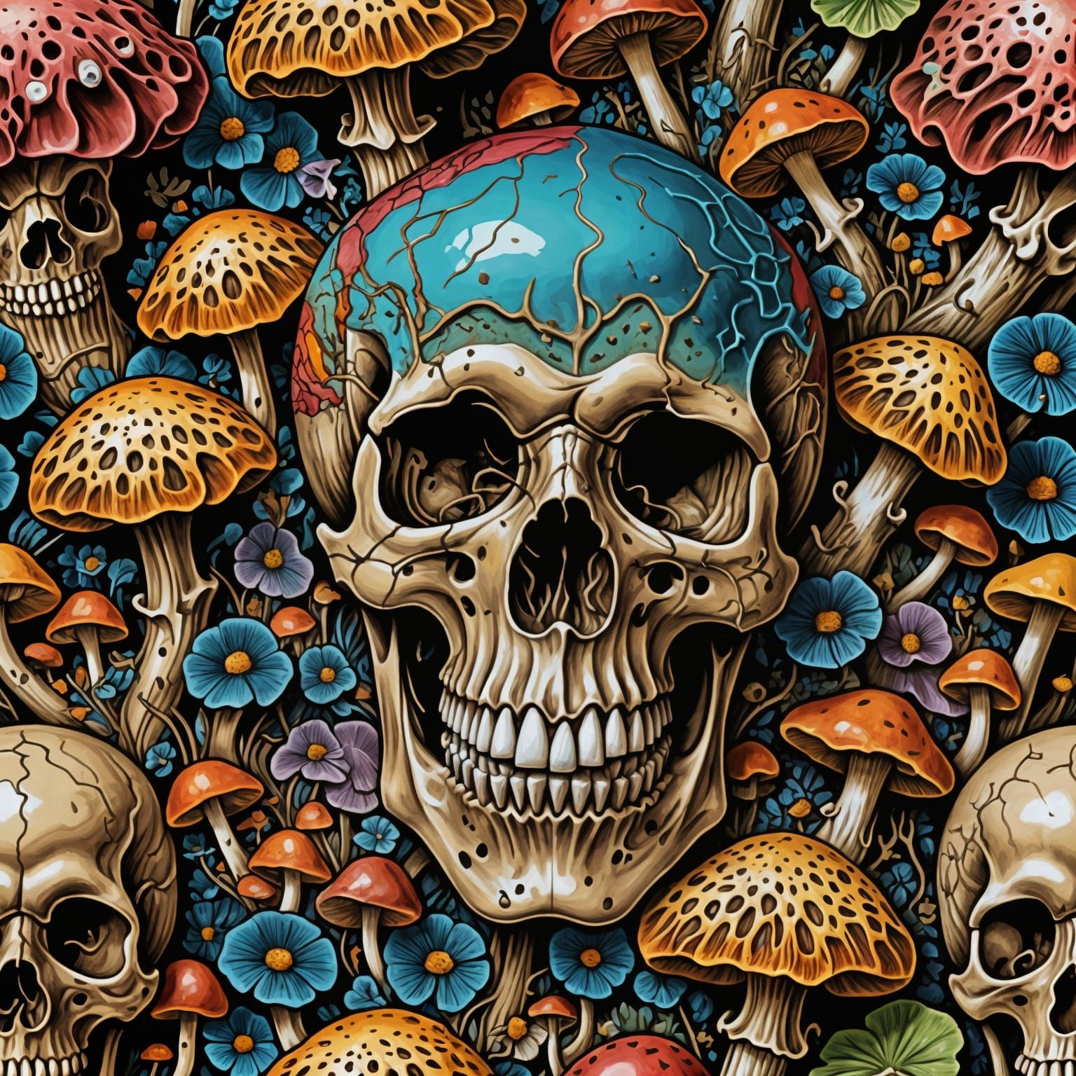 Skull Covered in Deadly Mushrooms, Detailed Art