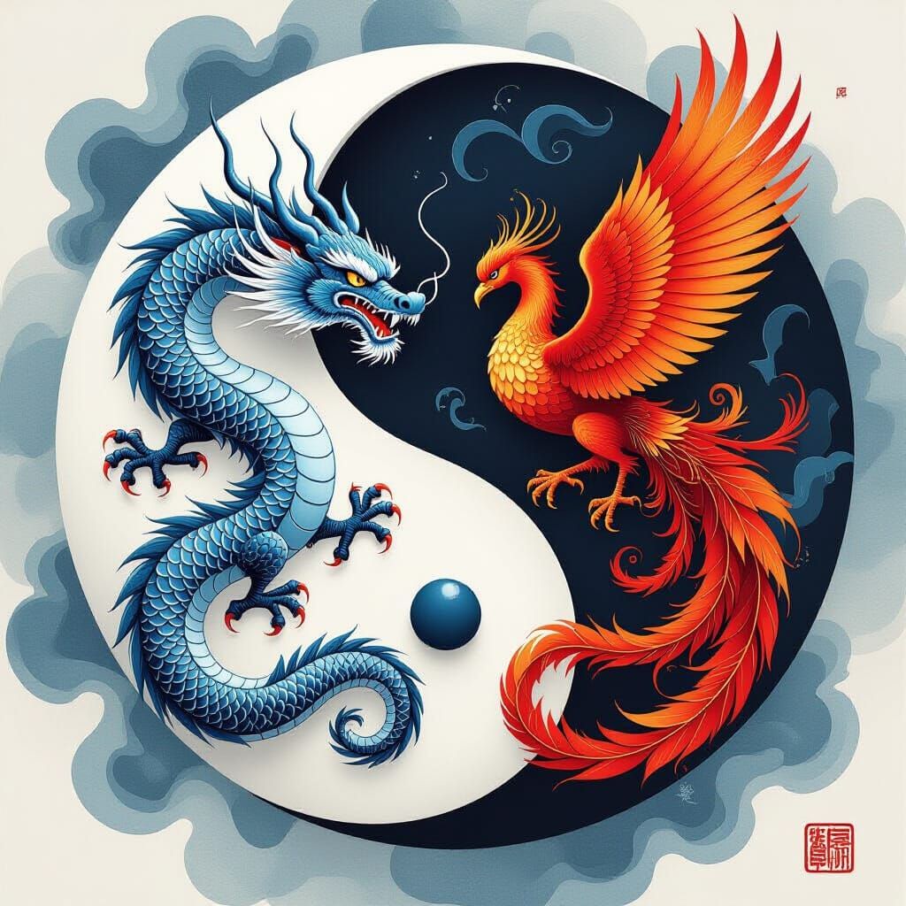 Yin Yang with Dragon and Phoenix in East Asian Ink Wash Styl...