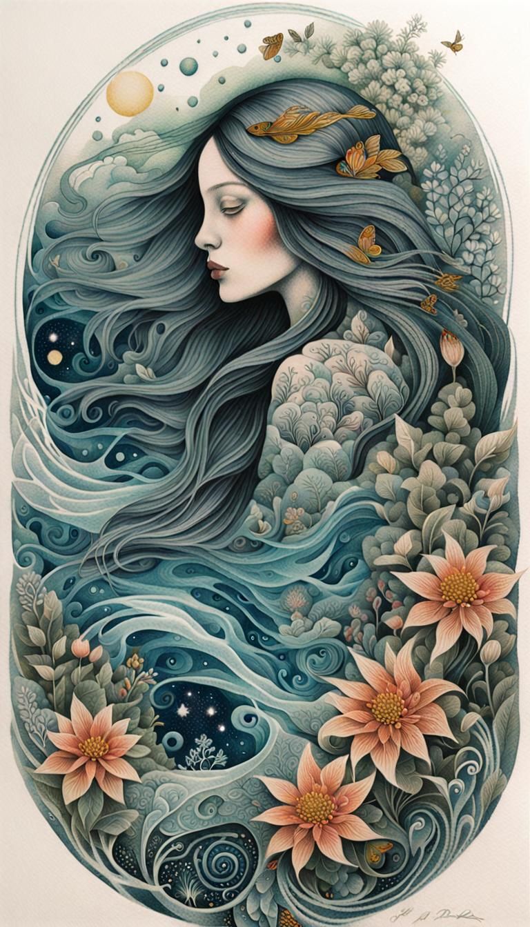 Surreal Tattoo of Celestial Water with Flowers