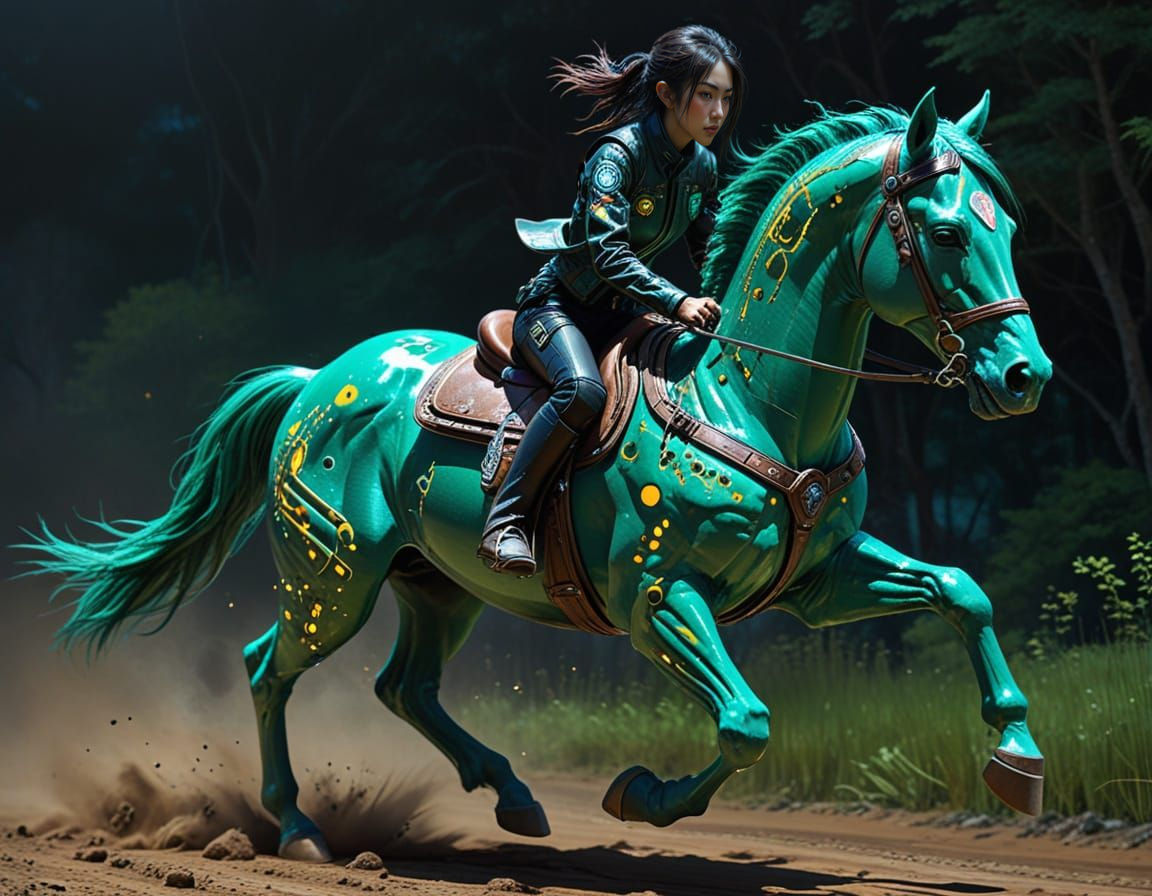 Japanese Cowgirl Rides Cyberpunk Horse in Oil Painting