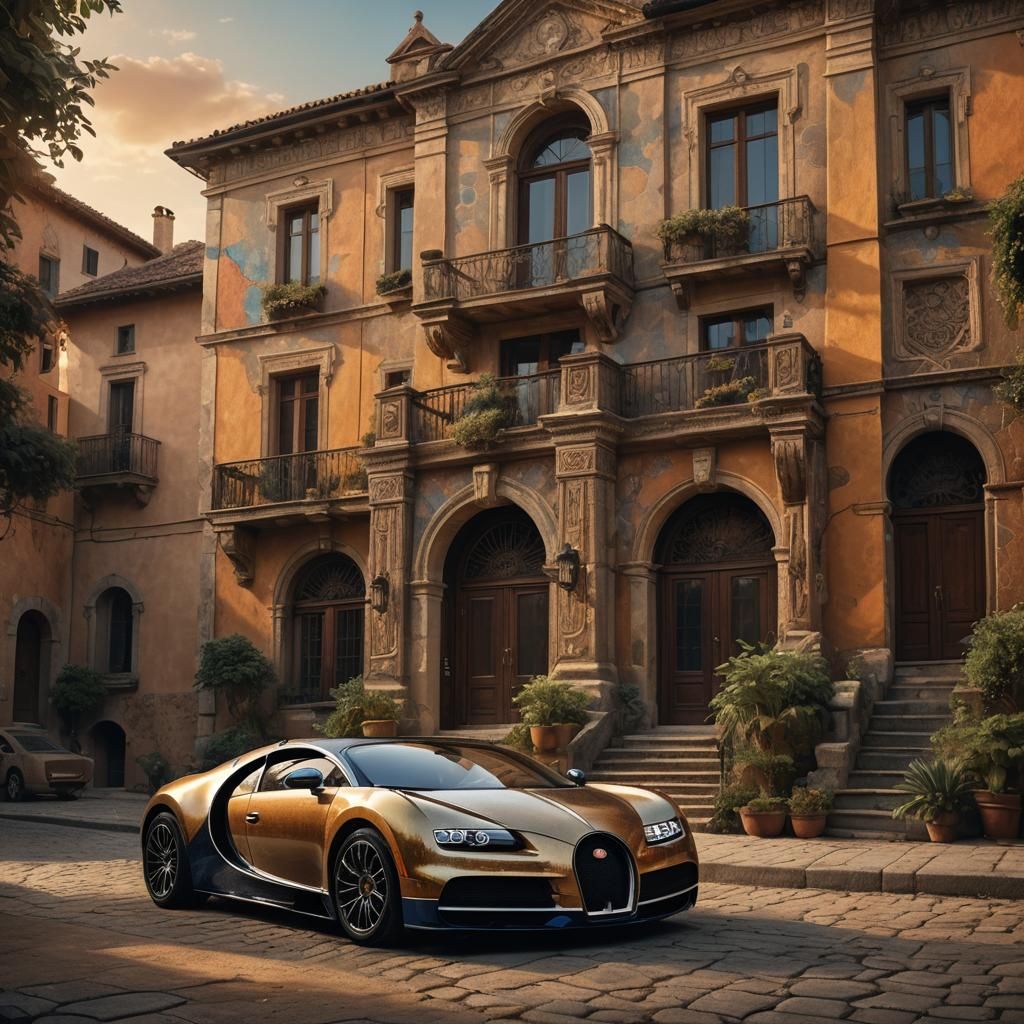Bugatti Parked Before Mystical House in Matte Painting
