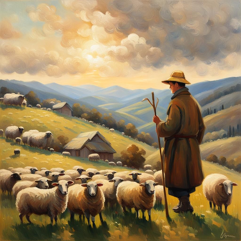 Impressionist Shepherd in Sunlight Oil Painting