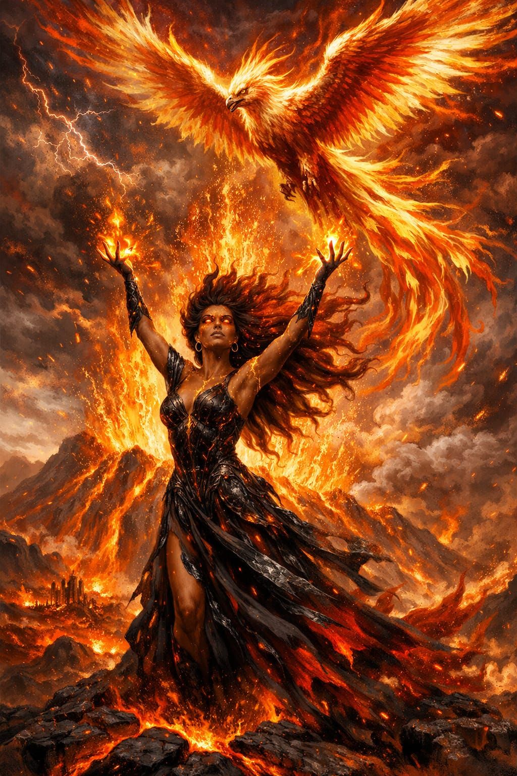 Woman and Phoenix Ascend from Volcanic Rebirth