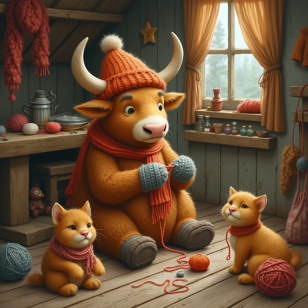 Whimsical Yak in Folk-Art Style Knits for Cats