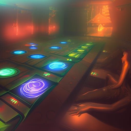 Virtual Arcade with Aliens in Dark Fantasy Style
