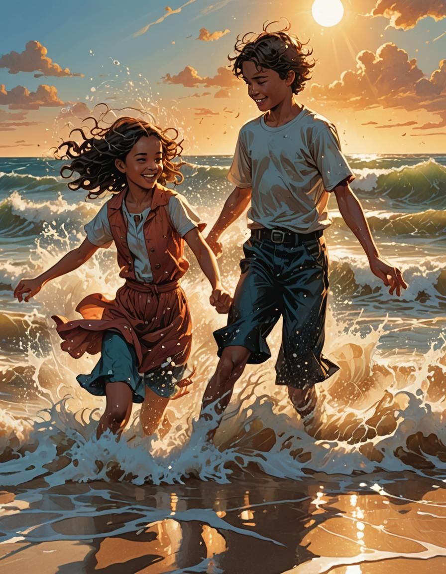 Children Playing on the Beach in Comic Book Style