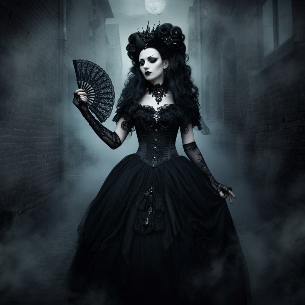 Gothic Princess in Fog-Shrouded Alleyway