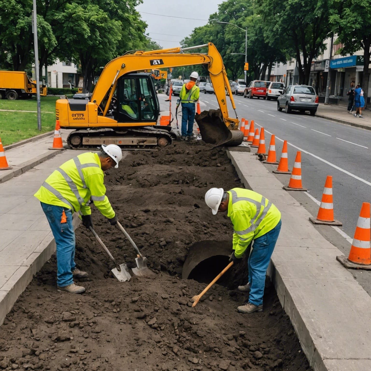 Construction Workers Digging Up the Road