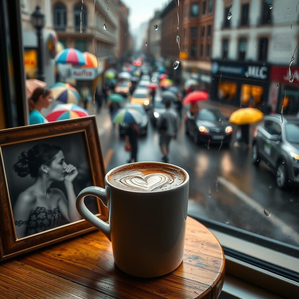 Cozy Coffee Heart in Rainy Cityscape