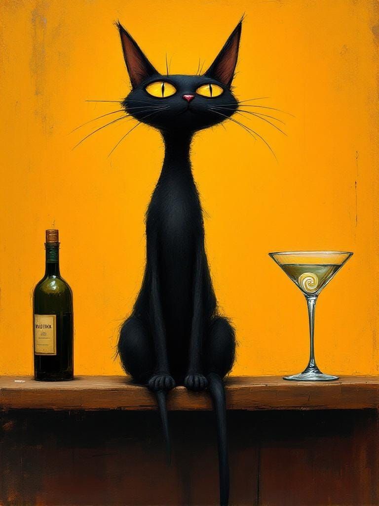 Surreal Black Cat with Yellow Eyes on Bar