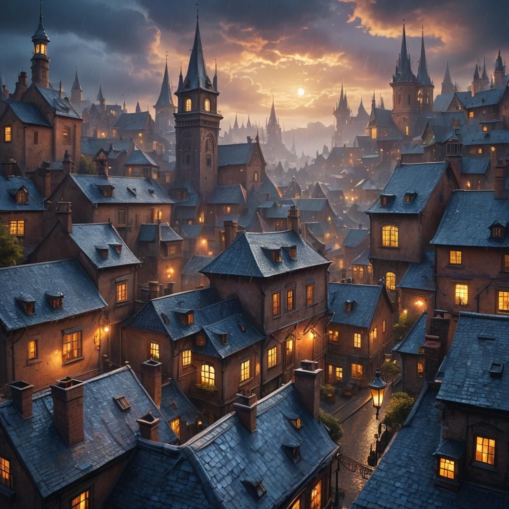 Dreamlike Old Town Rooftops at Twilight