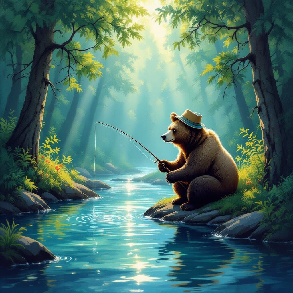 Brown Bear Fishing in Forest Stream Oil Painting