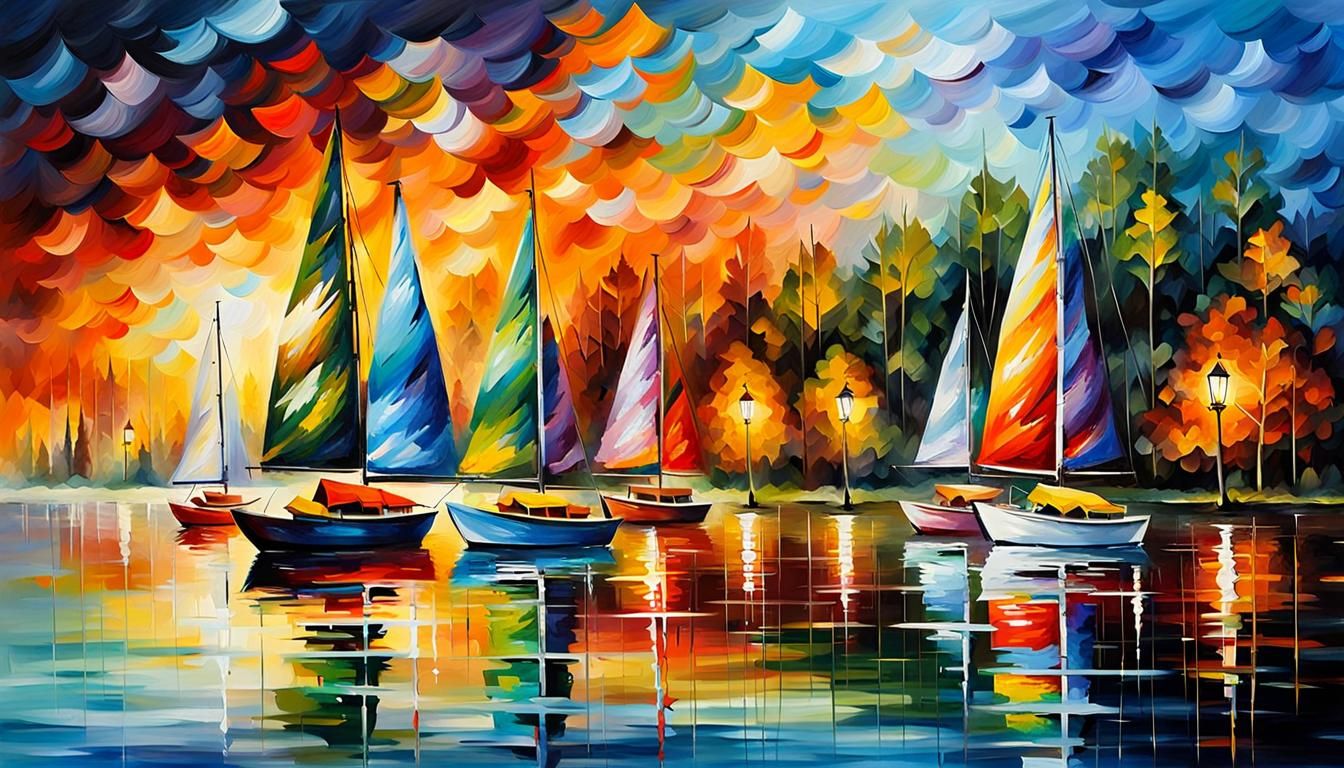 Sailboats on Lake: Impressionistic Leonid Afremov Style