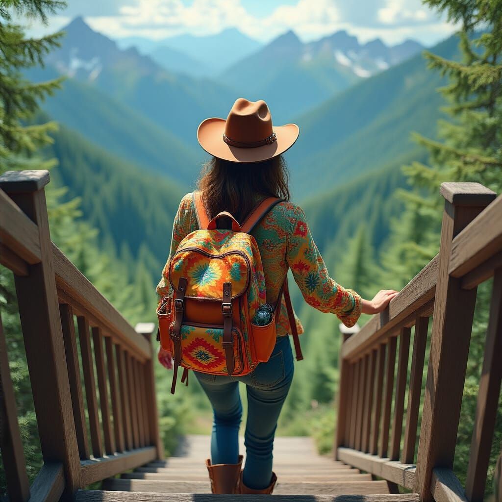 Woman Descending Mountain Staircase in Cinematic Style
