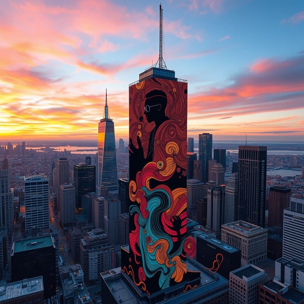 Vibrant Cityscape Mural in Flux Style