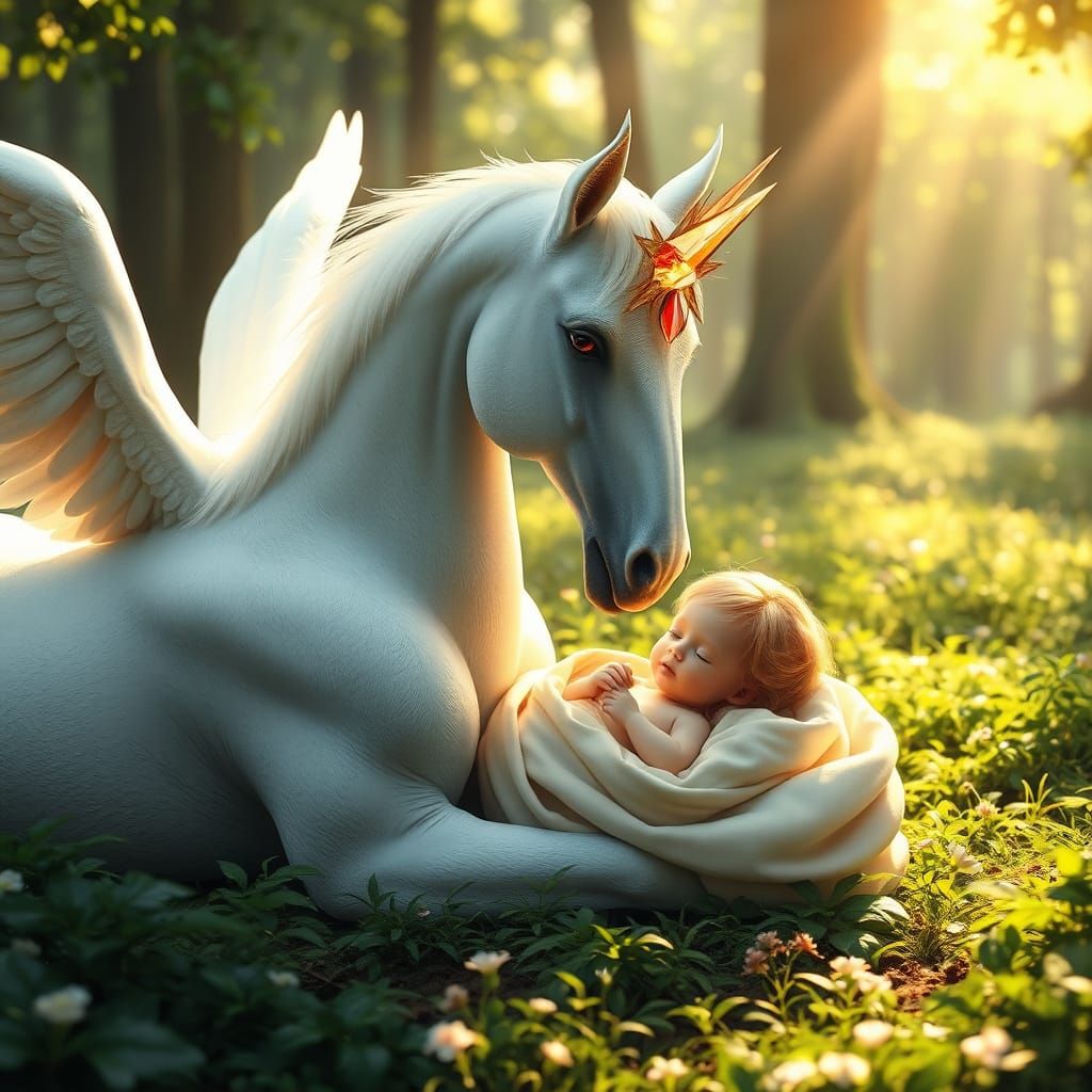 Majestic White Pegasus in Forest Clearing with Golden Horn a...