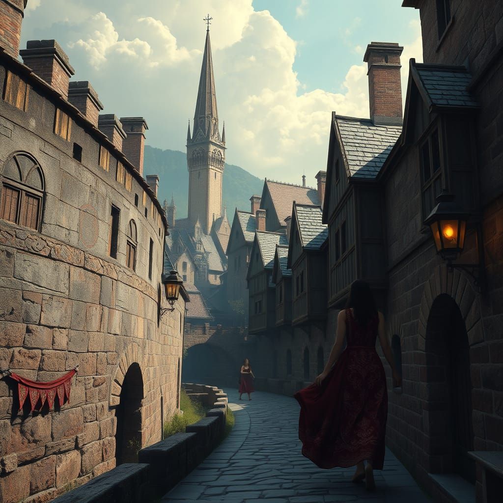 Mystical Old Town with Ancient Walls and Towering Spire