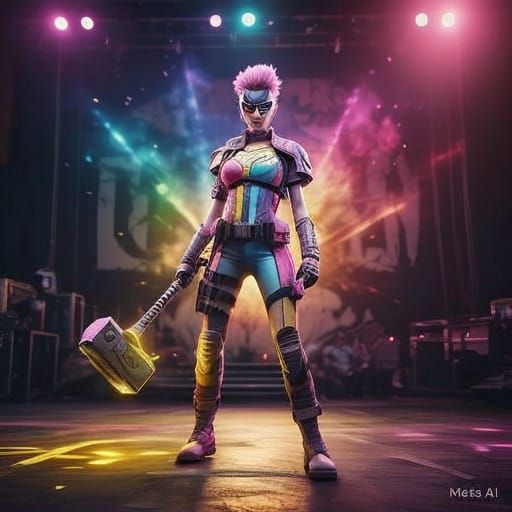 Surreal Superheroine in Tactical Pastel Armor, Holding Magic...