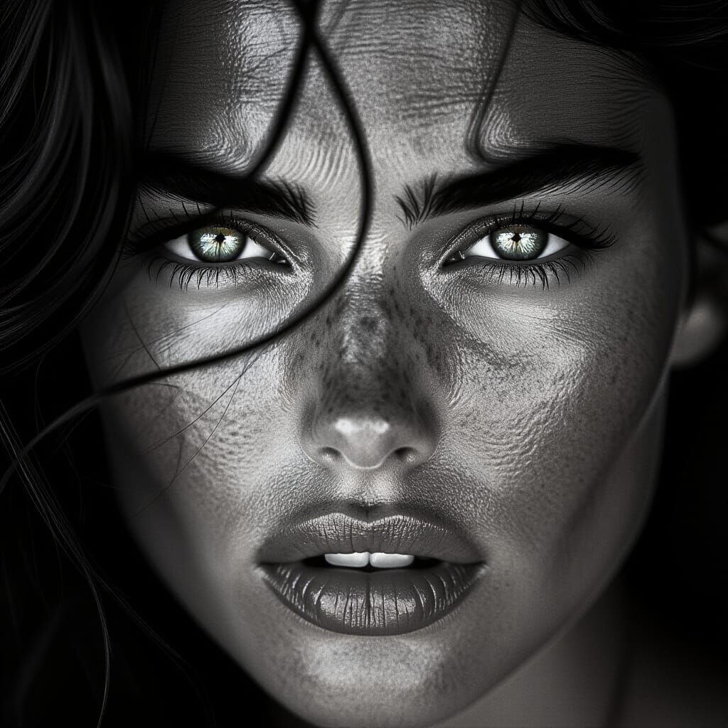 High Contrast B&W Supermodel Portrait, Extreme Closeup