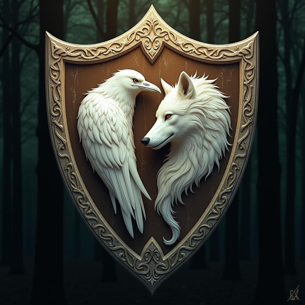 Medieval Shield with Raven and Wolf Crest